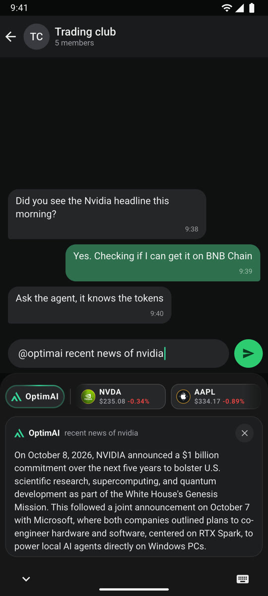 The OptimAI Keyboard in a group chat, showing the agent's answer about NVIDIA news inside the keyboard
