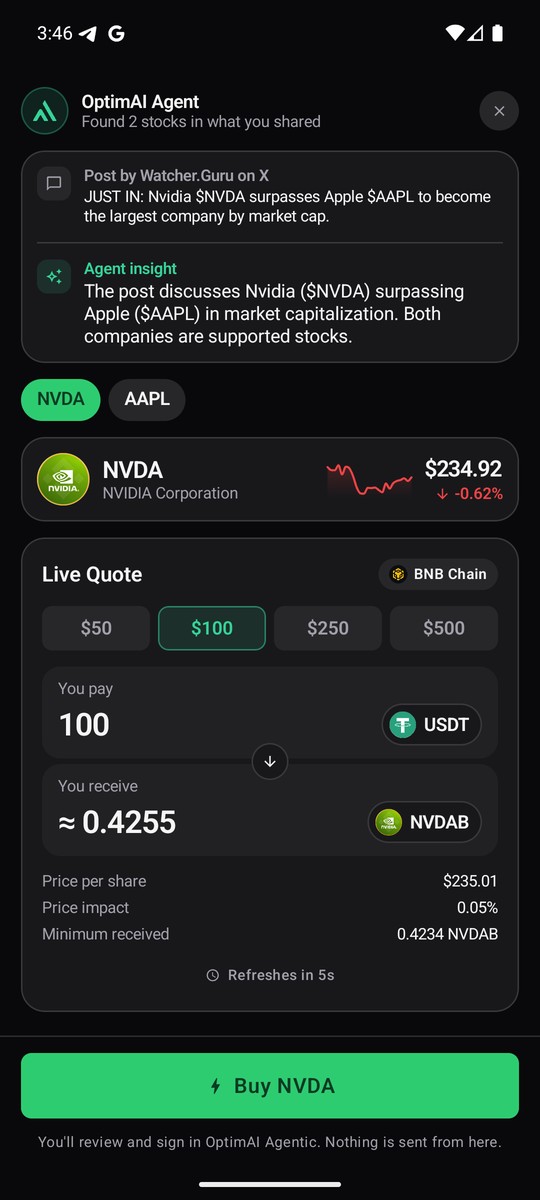 Stocks found in a shared post with a live quote and amount presets