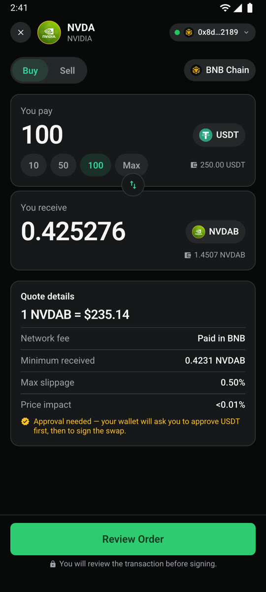 Buy screen with a live NVDAB quote in USDT